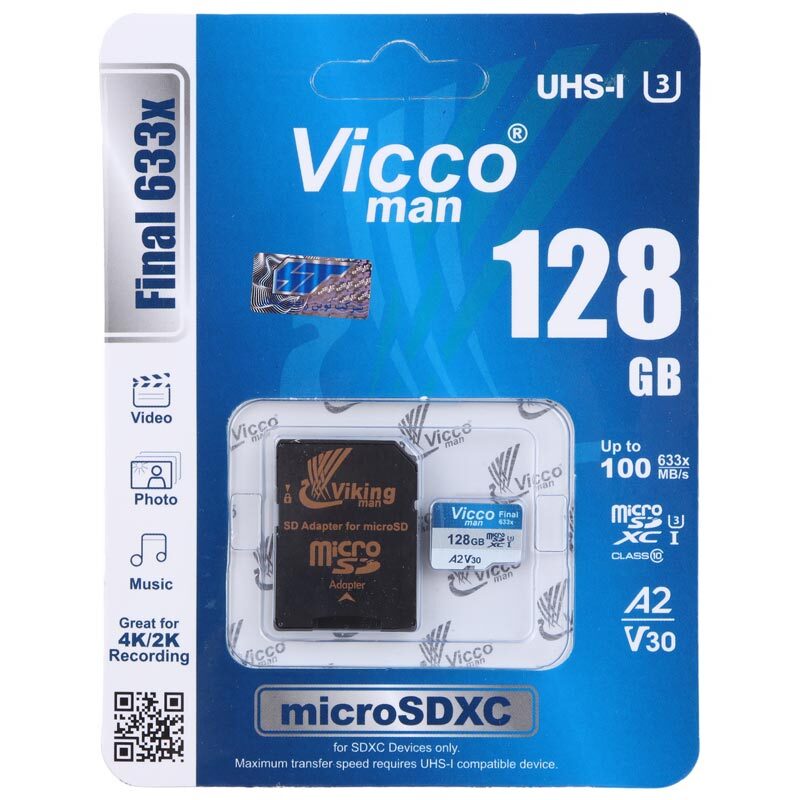 رم میکرو 128 گیگ ویکومن Vicco Man Final 633x A2 V30 U3 C10 100MB/s + خشاب